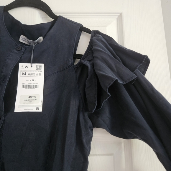 Zara Blue Puff Sleeve Cold Shoulder Mini Dress - Picture 4 of 6
